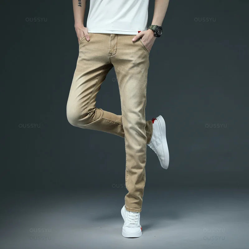 Fashion Brand Clothing Solid Color Cotton Jeans Men Skinny Stretch Casual Slim Blue High-Quality Classic Denim Trousers Male 38