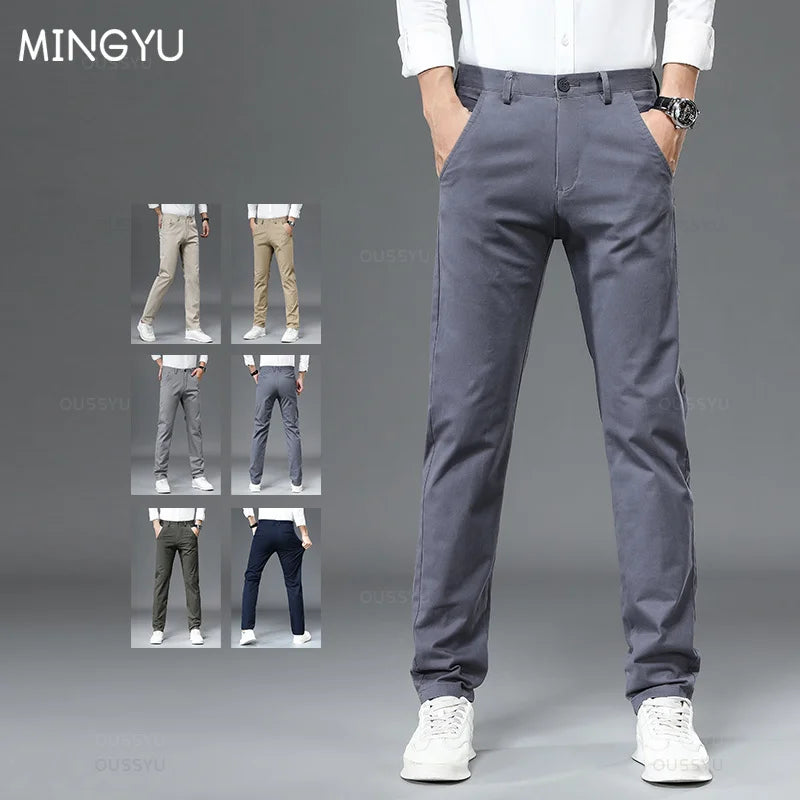 Mingyu Brand 98%Cotton Casual Pants Men Solid Color Business Fashion Straight Slim Fit Chinos Gray Autumn Winter Trousers Male