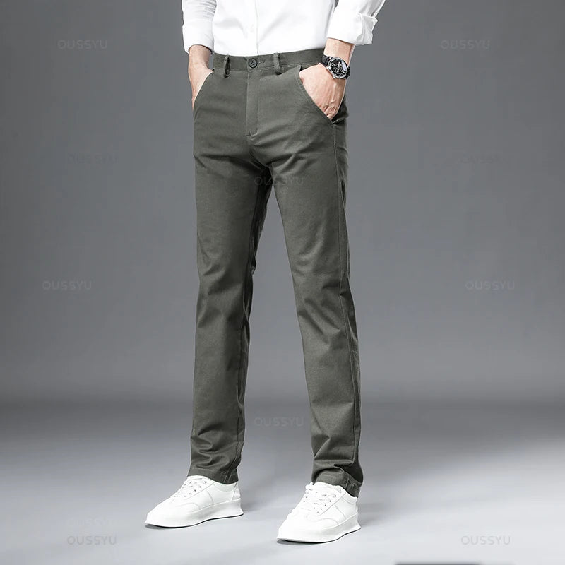 Mingyu Brand 98%Cotton Casual Pants Men Solid Color Business Fashion Straight Slim Fit Chinos Gray Autumn Winter Trousers Male